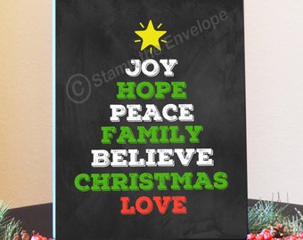 Christmas Word Tree Sign - Chalkboard Christmas Signs - Christmas Wall Decor  - 8.5 x 11 quality black wood plaque