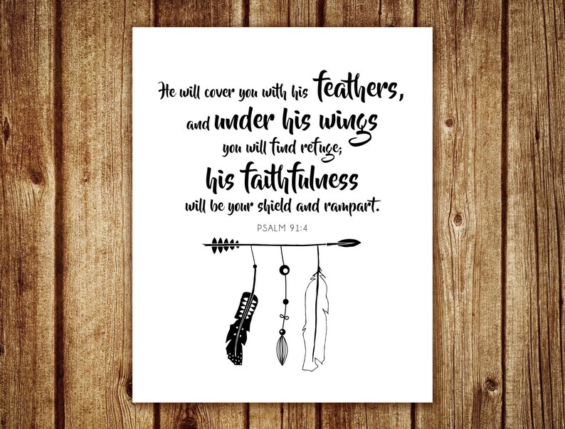 Psalm 91:4 Bible Verse Wall Art Print Cursive Nursery Art Printable Quote Boho Feathers Decor ...
