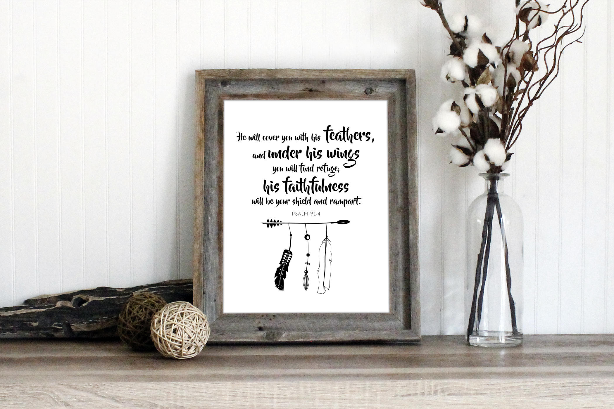 Psalm 91:4 Bible Verse Wall Art Print | Cursive Nursery Art Printable Quote | Boho Feathers ...