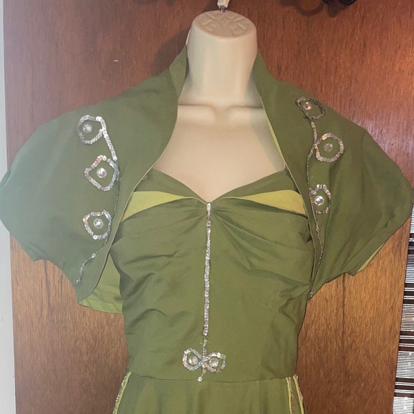 50er Jahre Lilli Diamond Green Vintage Kleid L-XL w/Bolero Shelf Plissee Büste VLV