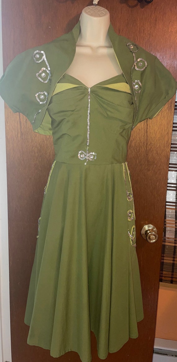 1950's Lilli Diamond Green Vintage Dress L-XL w/Bo