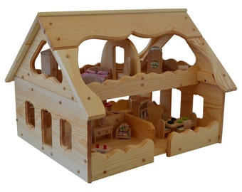 Natural Wooden Dollhouse- Toy Dollhouse- Waldorf Dollhouse- Montessori Dollhouse-Wooden Toys- Child's Wooden Dollhouse- Doll House