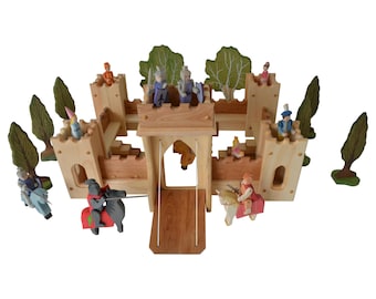 Fairy Tale Fortress Castle Set-Ultimate Castle Play Set-Includes Wooden Knights-Wooden Trees-Horses-Royal Figures-King-Queen