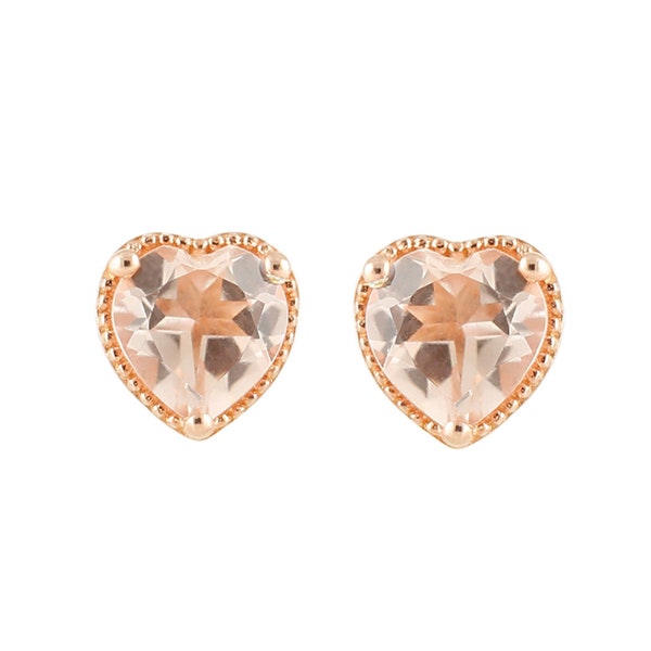 Silver Over Rose Gold-Plated Morganite Stone Heart Shape Studs Earring For Women's And Girls, Everyday Earrings, Personalized Gift For Her.