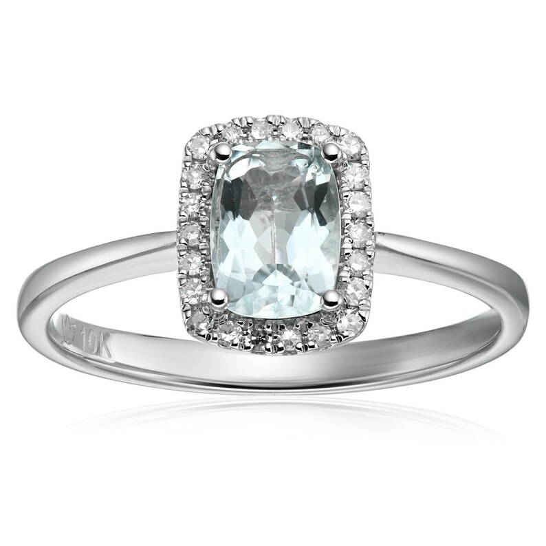 Size 7 Pinctore 10k White Gold Aquamarine Diamond Cushion Halo Engagement Ring