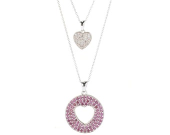 925 Sterling Silver Rhodolite Garnet With White Natural Zircon Necklace Heart Necklace Anniversary Gift For Her