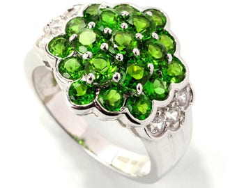 925 Sterling Silver 3.04ctw Chrome Diopside & White Zircon Cluster Ring Anniversary Gift For Her