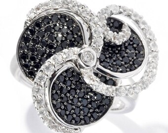 925 Sterling Silver 6.56ctw Black Spinel & White Zircon Flower Ring Anniversary Gift For her