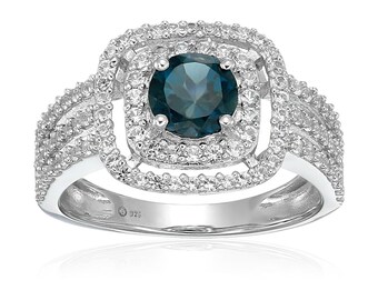 925 Sterling Silver London Blue Topaz And Created White Sapphire Double Halo Engagement Ring, Size 7