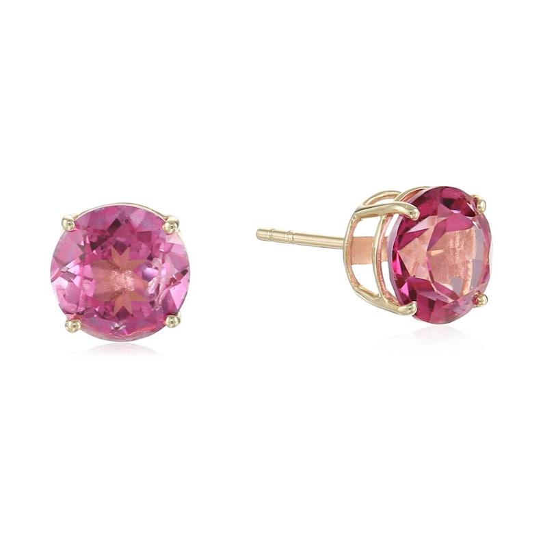 Pinctore 10k Yellow Gold Pink Topaz Round Stud Earrings