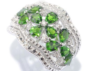 Pinctore Sterling Silver 2.5ctw Chrome Diopside & White Zircon Floral Scalloped Wide Band Ring US6