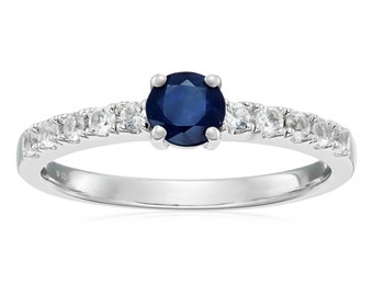 Pinctore Sterling Silver Genuine Blue Sapphire, Created White Sapphire Ring