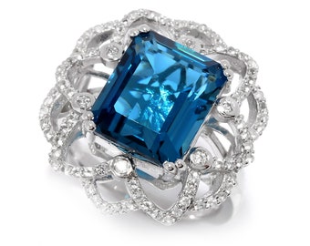 London Blue Topaz Ring, White Topaz Ring, Women Floral Ring, Cluster Ring, 925 Silver Ring, Wedding Gift Ring, Party Wear Ring, Tarnish Free
