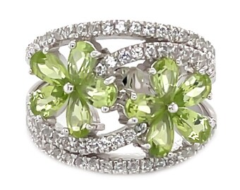 925 Sterling Silver Peridot, Created White Sapphire Ring For Women's Flower Shape Ring Anniversary Gift For Her