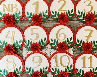 Weihnachten erster Geburtstag - Weihnachtsgeburtstagsbanner - Rotes Blumen Von Monat zu Monat Banner - Florale Meilenstein Banner - Urlaub Erster Geburtstag