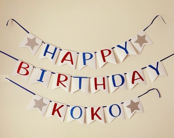 愛国的な誕生日バナー、赤、白、青の誕生日バナー、小さな爆竹の誕生日バナー、赤、白、2つのバナー、7月4日のバナー