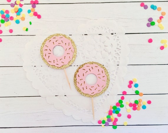 Donut Cupcake Toppers, Pink Donut Cupcake Toppers, Donut party toppers, Donut Grow Up toppers, Donut Party Decor, Pink and Gold Donut Party Il_570xn