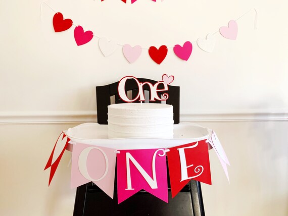 Valentine's Day Birthday - Heart First Birthday - Heart Highchair Banner - Pink and Red Birthday Banner - One Highchair Banner Il_570xn
