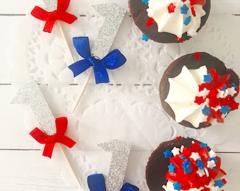 4th of July Decorations, Fourth of July Decoration, 1st birthday Cupcake Toppers Silver Blue and Red, 4th of July First Birthday, dozen, bow
