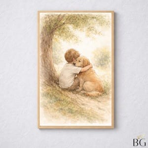 Könnte beinhalten: Aquarelldruck eines Kindes, das einen Golden Retriever unter einem Baum umarmt. Das Kunstwerk hat eine weiche, warme Farbpalette mit Beige-, Braun- und Grüntönen. Der Druck ist in einem hellbraunen Holzrahmen gerahmt, ideal für ein Kinderzimmer.