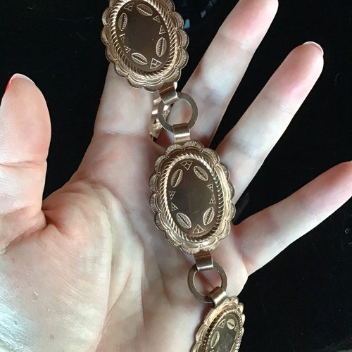 Sanford Sancrest Vintage 70’s true Southwestern Navajo shops Concho Belt Copper Festival Belt boho chic