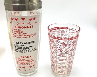 1960’s Mixer Cocktail Shaker and Coctail Recipe Pint Glass vintage barware, daiquiri, side car, whiskey, sour, and more.