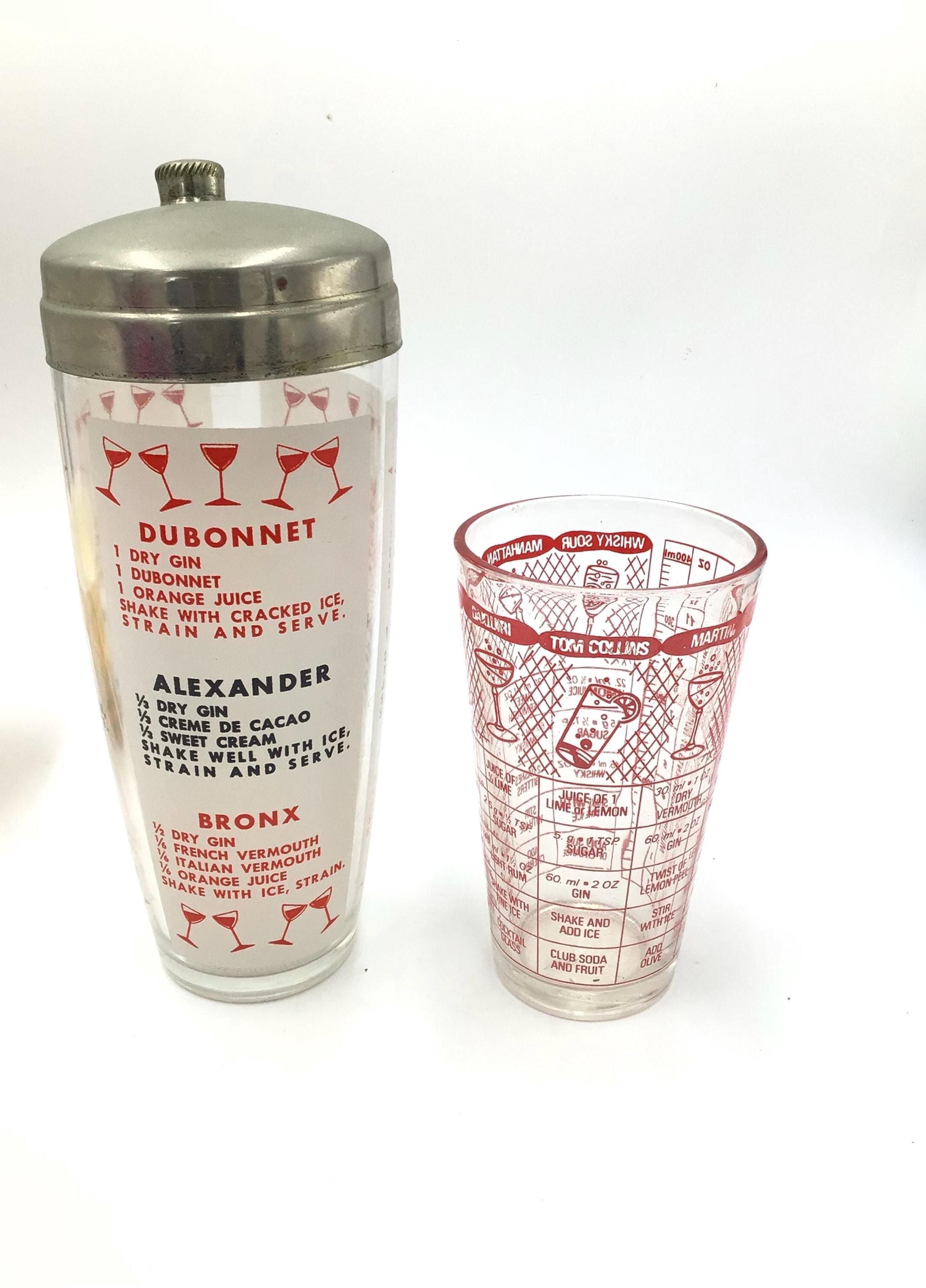 1960's Mixer Cocktail Shaker and Coctail Recipe Pint Glass Vintage