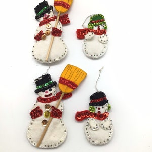 Two Handmade 50’s Snowman Vintage sequin felt bead Christmas tree Ornaments Large and small