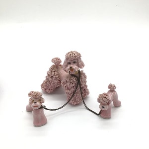 Three Pink Spaghetti French Poodle Porcelain Figurines Vintage 50’’s Mid Century