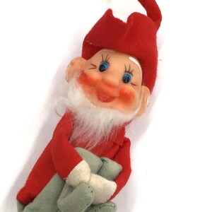 Japan knee hugger elf pixie bearded rubber face mid century Christmas ornament Christmas Kitsch