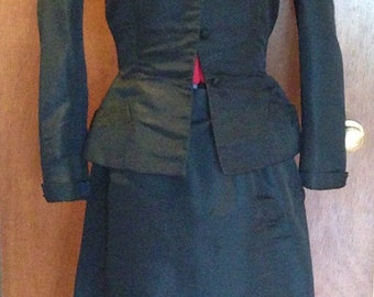 Vintage 1920’s Silk Black Branell Wiggle Suit Beads and Rhinestones Victorian mourning gothic jacket skirt suit Czech beads