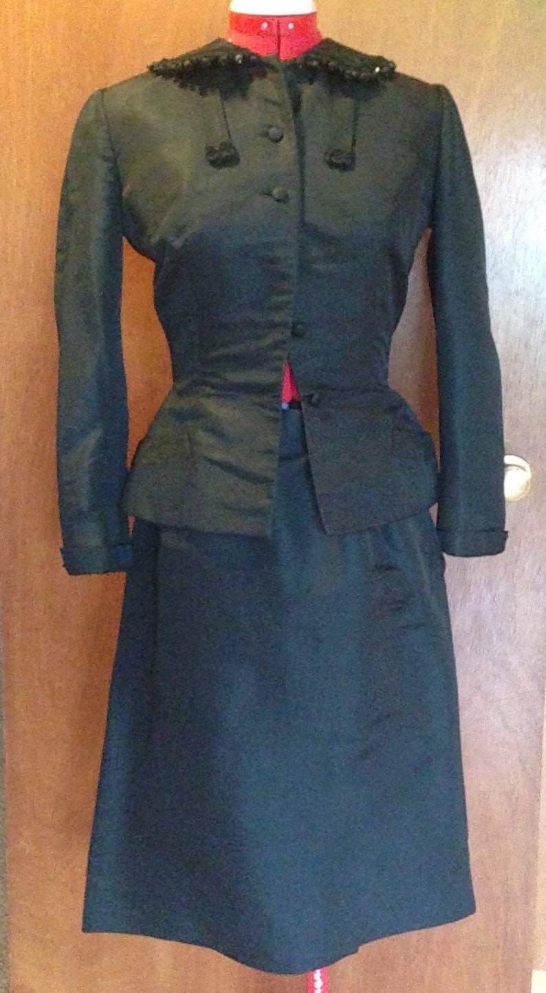 Vintage 1920s Silk Black Branell Wiggle Suit Beads and Rhinestones Victorian mourning gothic jacket skirt suit Czech beads image 1