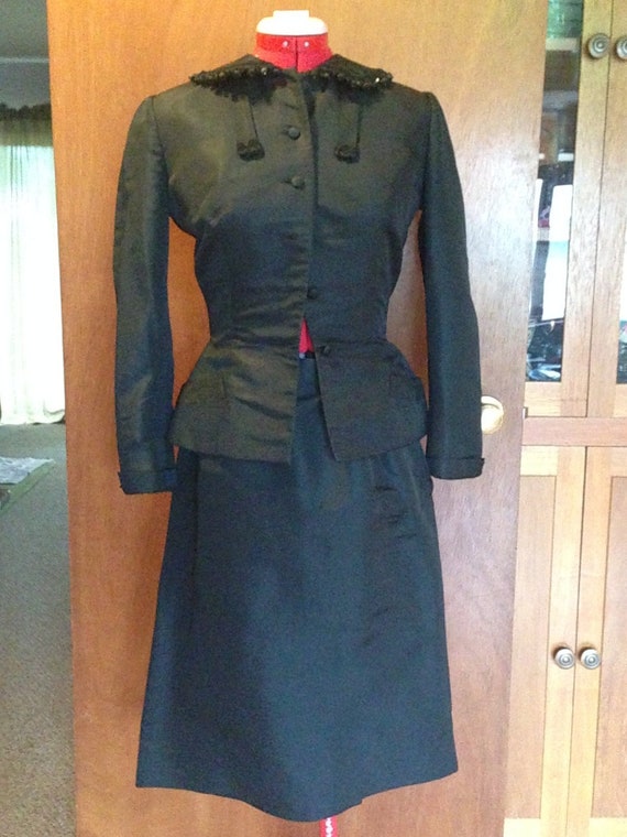 Vintage 1940's Silk Black Branell Wiggle Suit Bead