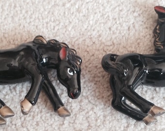 Black Beauty Ceramic Horse Pair of Stallion 1950s ceramic Figurines Japan