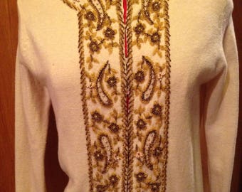 1950's Beaded Champagne golds and bronzes sweater beaded cardigan Pin up