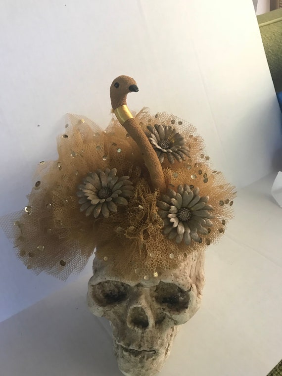 1950's Showgirl Hat Burlesque Gold Swan Flowers