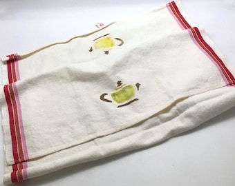Strofinaccio vintage in lino Martex Strofinaccio da tè verde Bollitore da tè rosa con strisce rosse