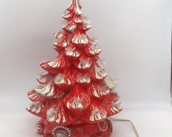 Red Atlantic 16” Christmas Ceramic Tree white and grey swirls tipped  1974