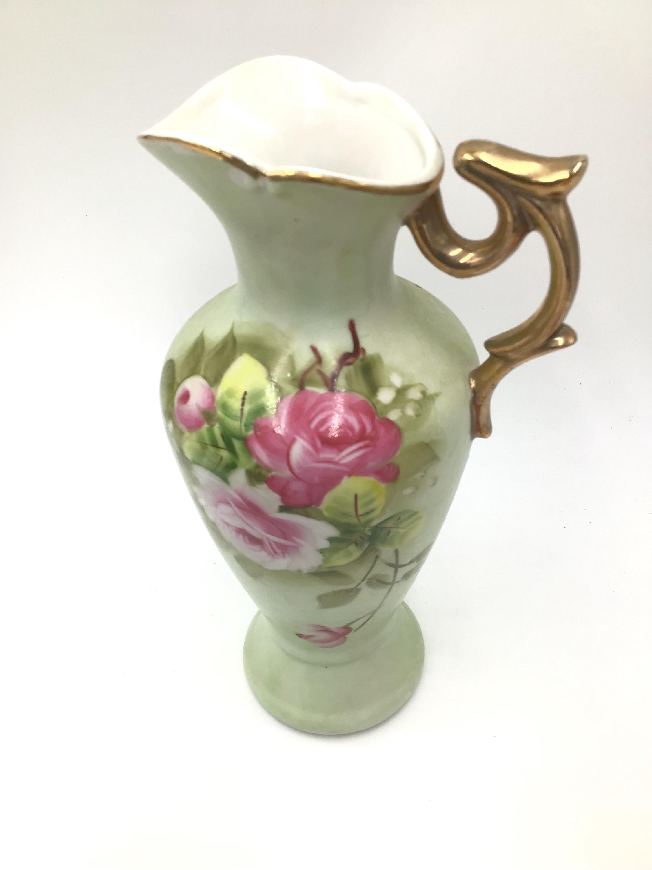 Lefton China Heritage hand painted made in Japan no. 4072 green vase with flowers roses gold handle
