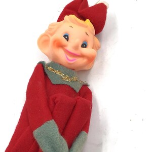 Japan vintage knee hugger Christmas ornament pixie rubber face elf 1960’s Christmas decor