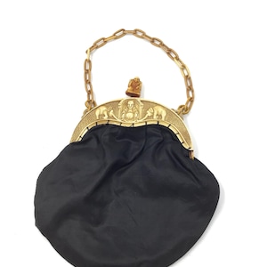 Vintage Rare 1920’s Buddah With Elephants Celluloid Purse Black Satin, Great Gatsby, Roraing 20’s!