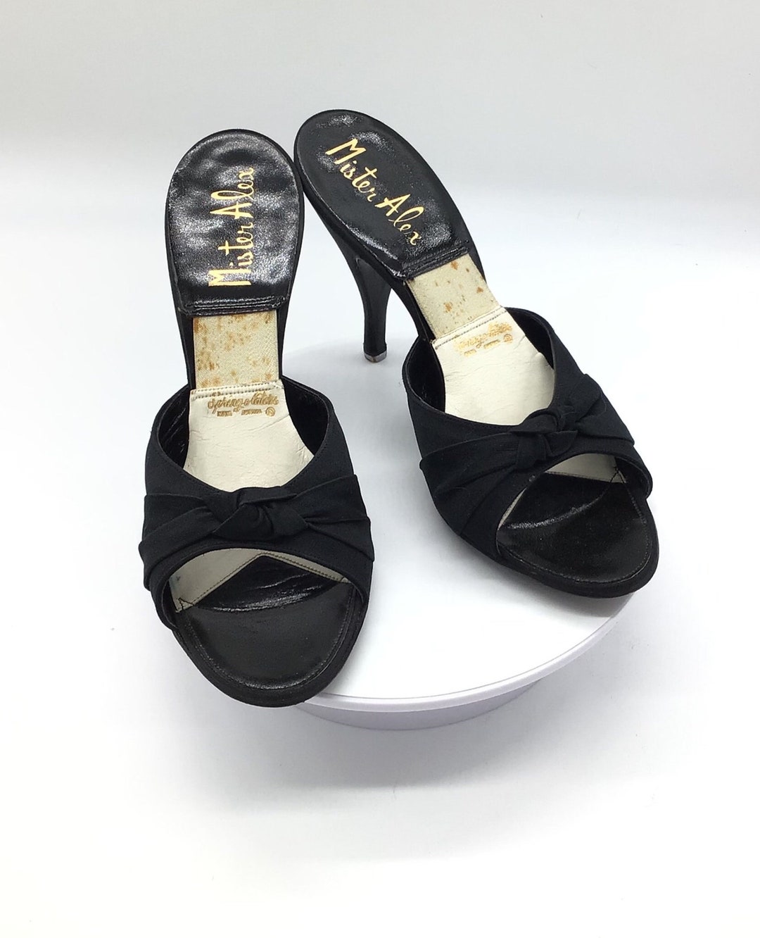 Springolator Mules 1950s Mister Alex Spring O Lators Black Satin Heel Pump Slide Mule - Etsy