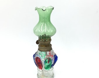 Lampada a olio con gemme a forma di pancia degli anni '50, lanterna in vetro verde mai usata, stoppino incluso