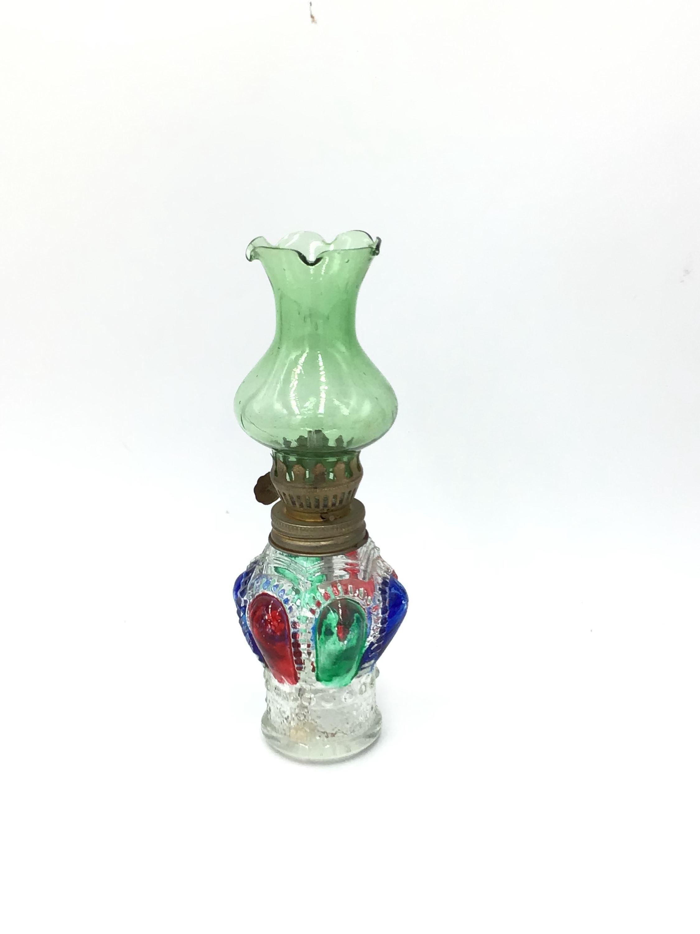 1950's Belly Jeweled Oil Lamp Lantern Unused Green Glass Wick