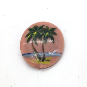 Vintage Celluloid Pink Powder Make Up Compact Hand Pinted Palm Trees Beach