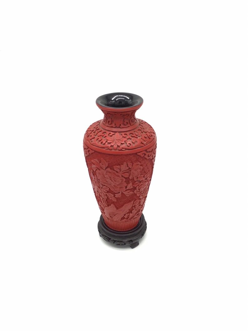 Chinese Cinnabar Vase Rosewood Base Black Lacquer Chinese Cinnabar Vase Rosewood Base Black Lacquer