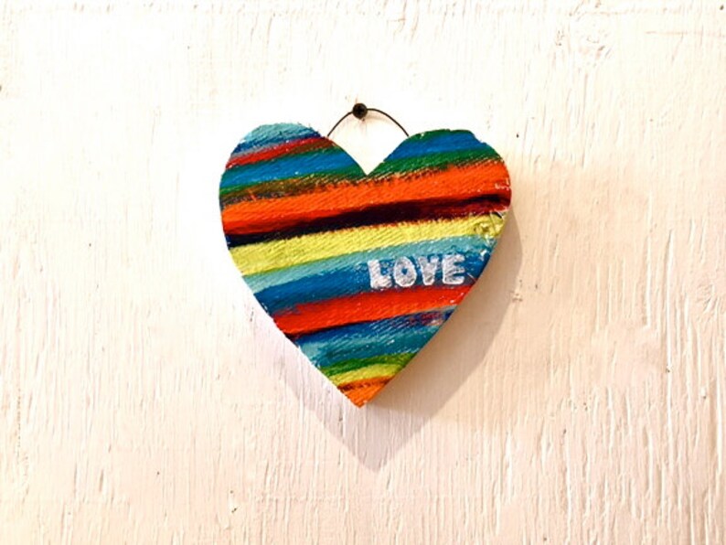 Handmade recycled rainbow heart love sign wall hanging art  etsy