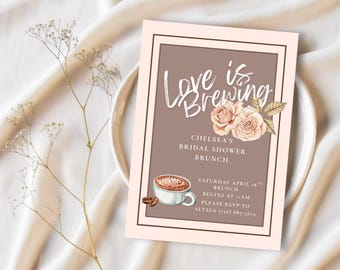 Plantilla de invitación para despedida de soltera con temática de café y "El amor se está gestando"