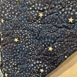 May include: A dark blue quilted fabric featuring a repeating pattern of light blue and cream-colored stars. The textile displays intricate stitching that outlines various shapes, including rocket ships and celestial motifs, across the surface.