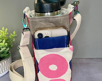 Water Bottle Bag, Fuchsia with Abstract Donuts